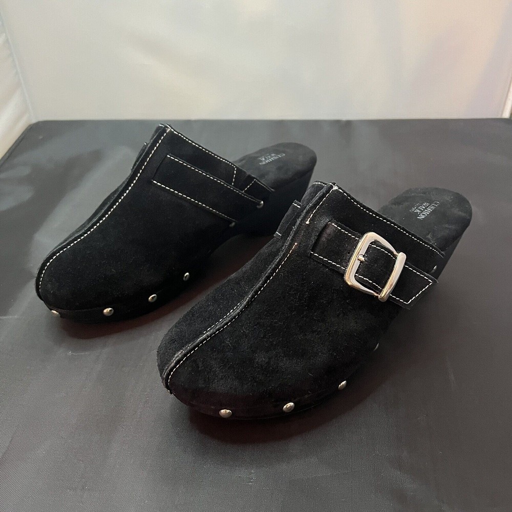 Cushion Walk By AVON Black Suede Buckle Clog Platform Womens sz 10